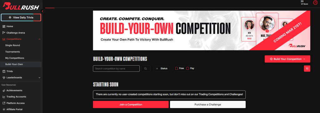 Personal trading competition guide on BullRush for skill development and community engagement.