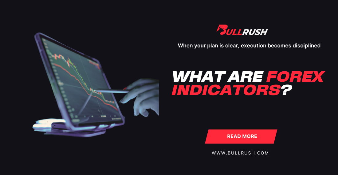 A person points at a tablet showing a forex chart with red and green lines. Text reads "What are Forex Indicators?" with a red "Read More" button below.