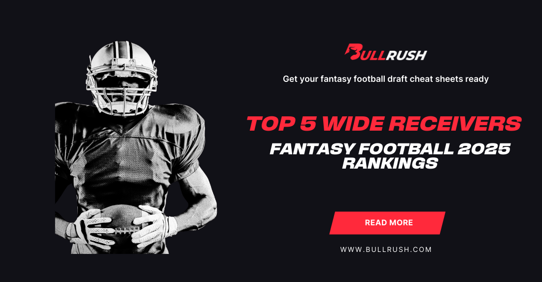 A shadowy football player in full gear holds a ball on a black background. Bold red text reads "Top 5 Wide Receivers, Fantasy Football 2025 Rankings." Convincing and sporty.
