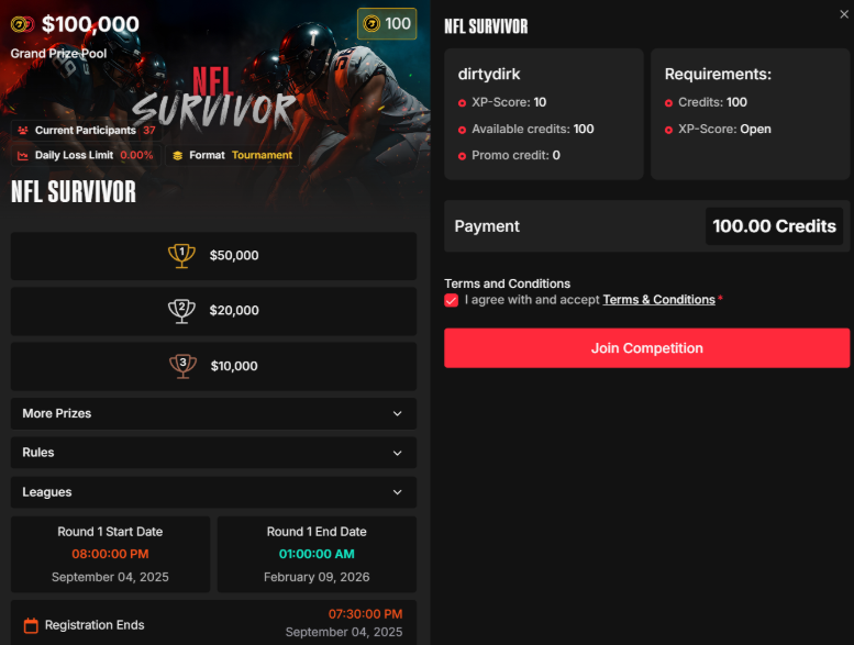 NFL Survivor Join Competition page