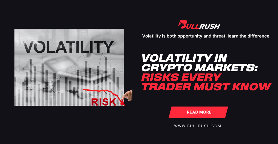 Image highlighting cryptocurrency market volatility. Left side shows a blurred hand pointing to a red graph with 'Volatility' and 'Risk.' Right side text reads: 'Volatility in Crypto Markets: Risks Every Trader Must Know.' Button labeled 'Read More.'
