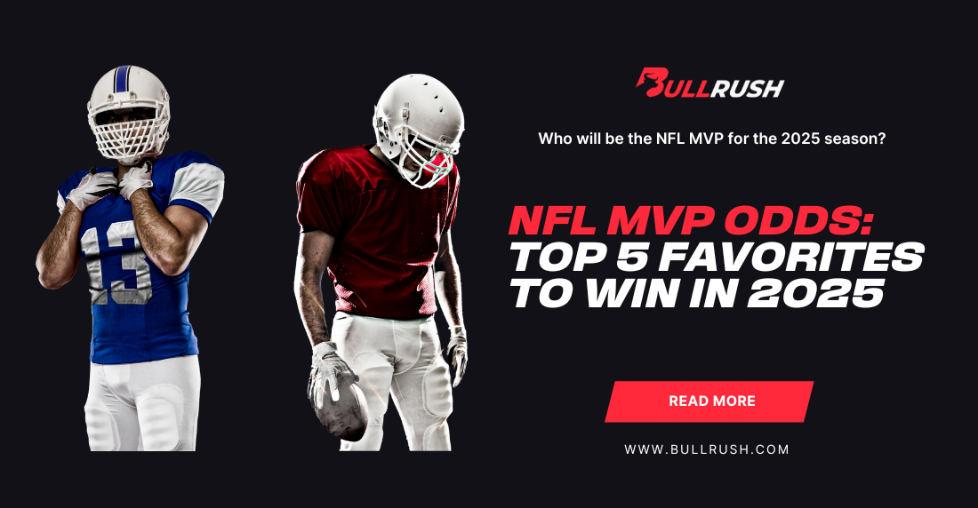 Two American football players in blue and red jerseys stand against a black background. Text reads "NFL MVP Odds: Top 5 Favorites to Win in 2025."