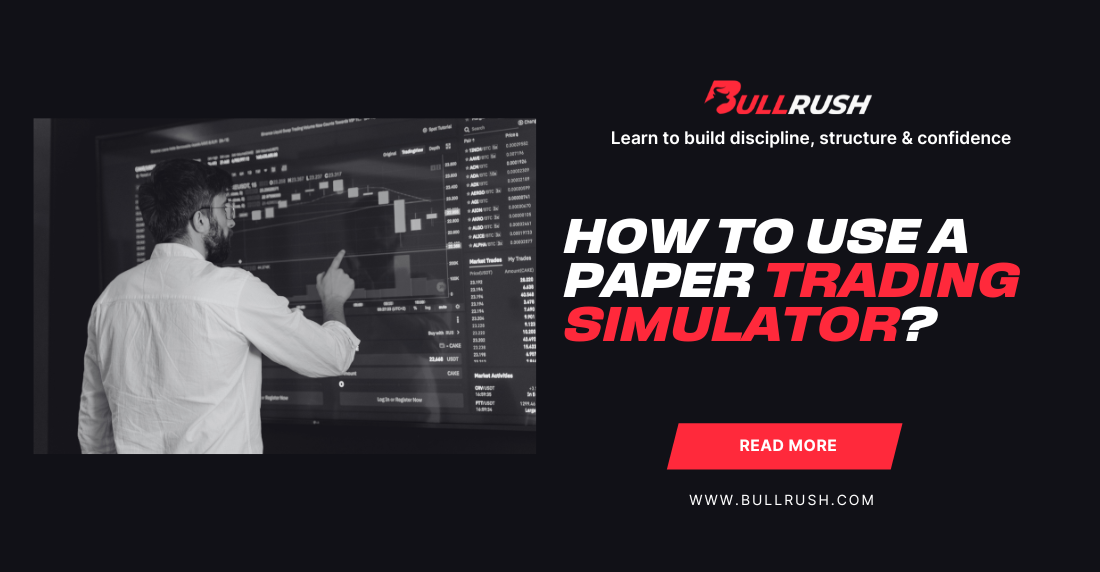 A man in a white shirt interacts with a digital trading chart. Bold text reads "How to Use a Paper Trading Simulator?"