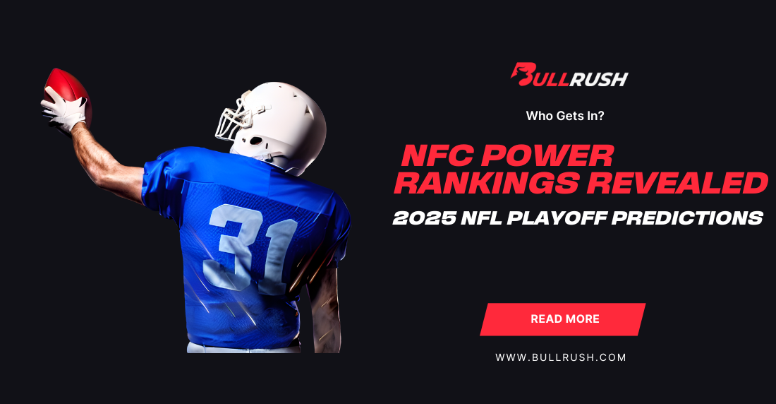 A football player in a blue jersey and white helmet holds a red football on the left. On the right, bold text reads "NFC Power Rankings Revealed - 2025 NFL Playoff Predictions" with a red "Read More" button below.