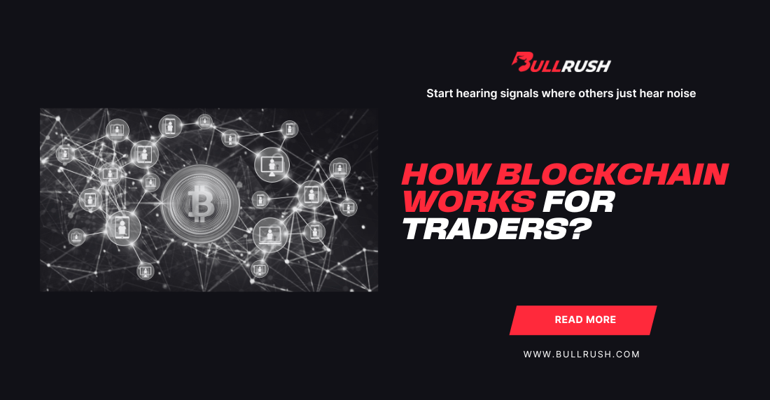 Black background with digital Bitcoin network graphic on the left. Bold text on the right reads, "How Blockchain Works for Traders?" in red and white.