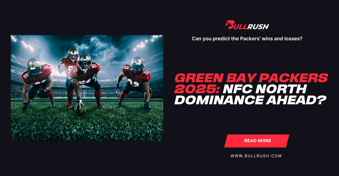 A group of four football players in red jerseys crouch on a well-lit stadium field. Text beside them reads "Green Bay Packers 2025: NFC North Dominance Ahead?"