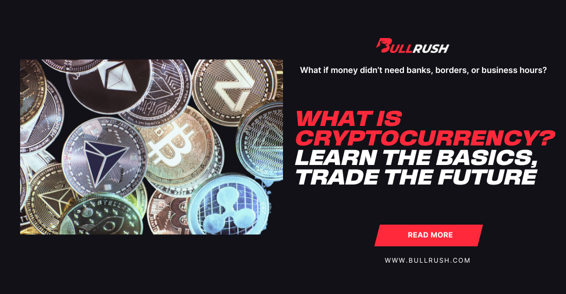 A collage of cryptocurrency logos like Bitcoin and Ethereum against a dark background. Text reads, 'What is cryptocurrency? Learn the basics, trade the future' next to a call-to-action button.