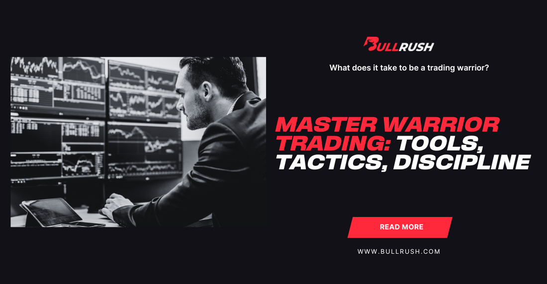 A man analyzes financial charts on screens, highlighting trading activity. Bold text reads "Master Warrior Trading: Tools, Tactics, Discipline." Mood is focused.