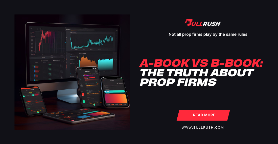 A computer and multiple mobile devices display financial graphs and charts. Text reads 'A-Book vs B-Book: The Truth About Prop Firms' alongside brand logo.