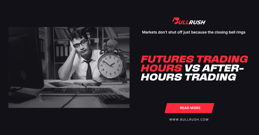 A tired man in an office holds an alarm clock beside a computer. Text reads: "Futures Trading Hours vs After-Hours Trading." Tone: informative.