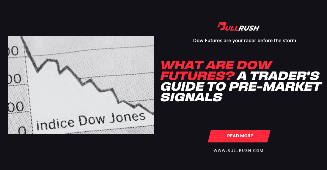 Black and white graphic of a declining Dow Jones chart with bold red text reading "What Are Dow Futures? A Trader's Guide to Pre-Market Signals."