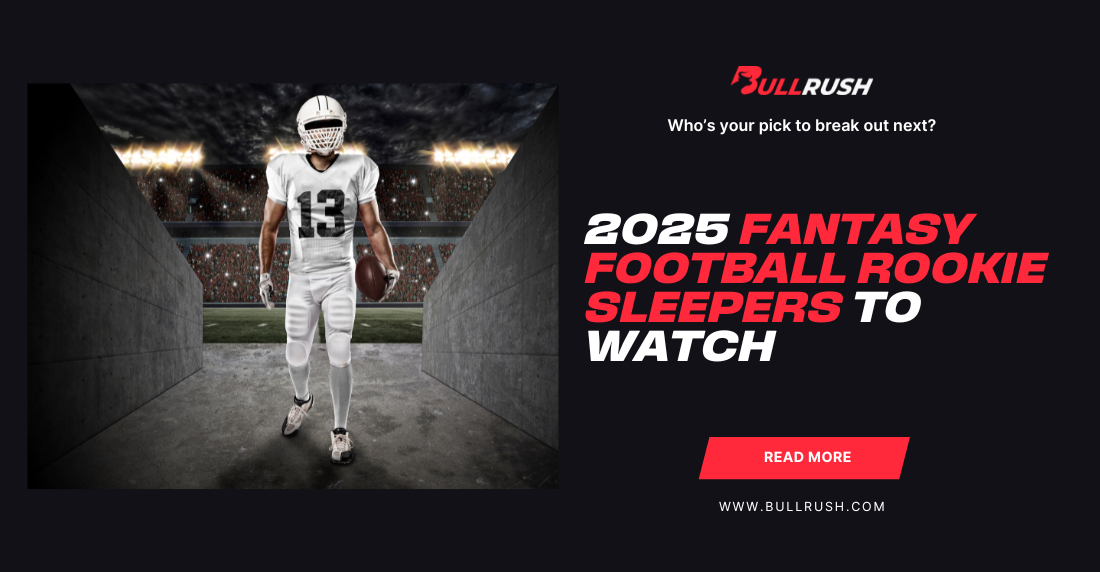 A football player in white uniform and helmet walks through a dim stadium tunnel. Text reads, "2025 Fantasy Football Rookie Sleepers to Watch." Energetic tone.