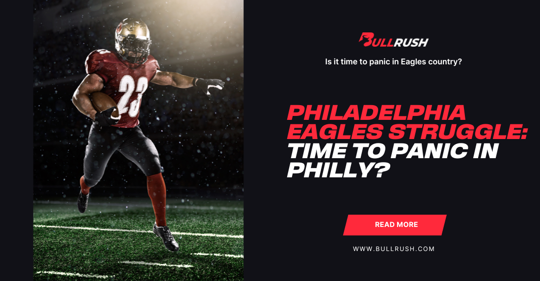 Football player in maroon and gold running on a field in rain, with text: "Philadelphia Eagles Struggle: Time to Panic in Philly?" on the right.