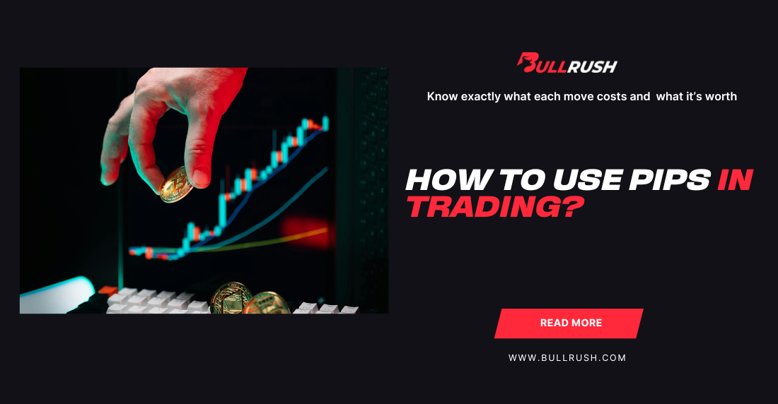 A hand holding coins over a keyboard with a rising stock chart in the background. Text reads "How to Use Pips in Trading?" and "Read More" on a red button.
