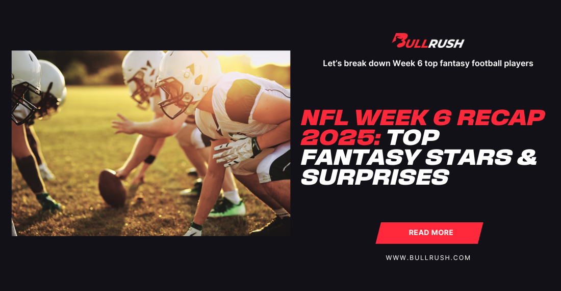 Alt text: "Football players in a line on a field, preparing for a play at sunset. Overlay text reads: 'NFL Week 6 Recap 2025: Top Fantasy Stars & Surprises.' Mood is intense."