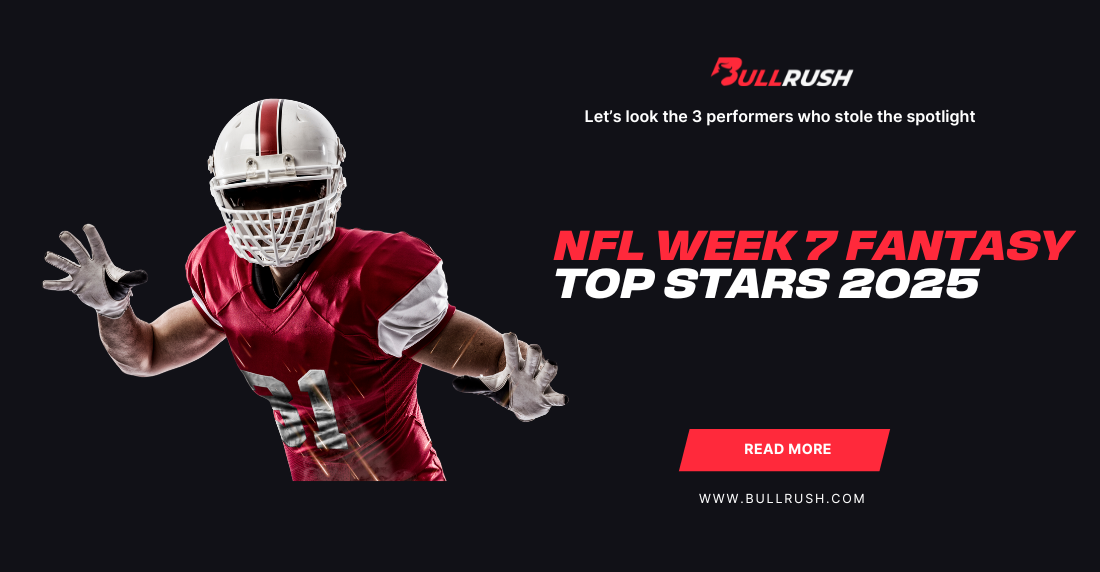 A football player in a red and white uniform reaches out on a dark background. Bold text reads "NFL Week 7 Fantasy Top Stars 2025" with "Read More" below.
