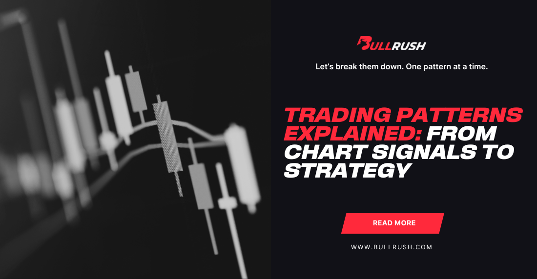 A grayscale candlestick chart on the left symbolizes trading patterns. Bold text on the right reads "Trading Patterns Explained: From Chart Signals to Strategy," conveying a financial analysis theme.