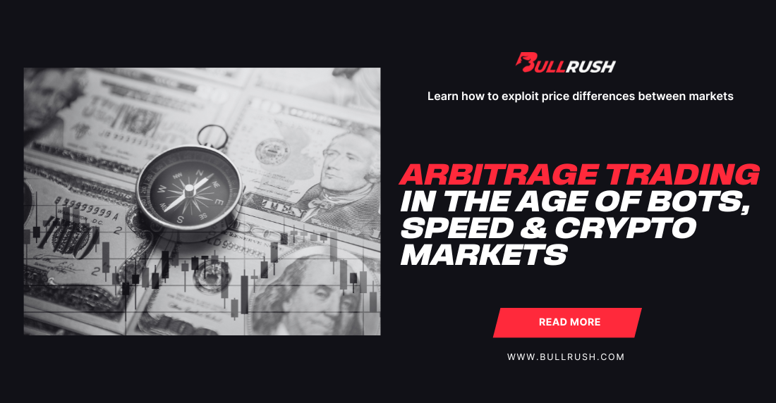 A compass on dollar bills with stock charts symbolizes trading. Text reads "Arbitrage Trading in the Age of Bots, Speed & Crypto Markets."