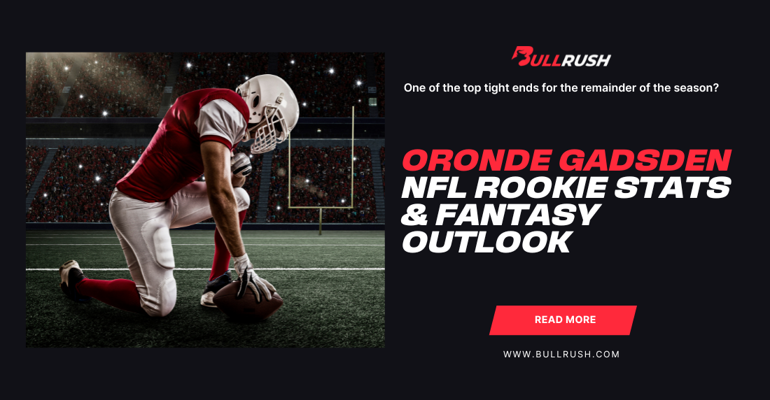 A football player kneels on one knee on a lit field at night, wearing a red jersey and helmet. Text reads, "Oronde Gadsden NFL Rookie Stats & Fantasy Outlook."