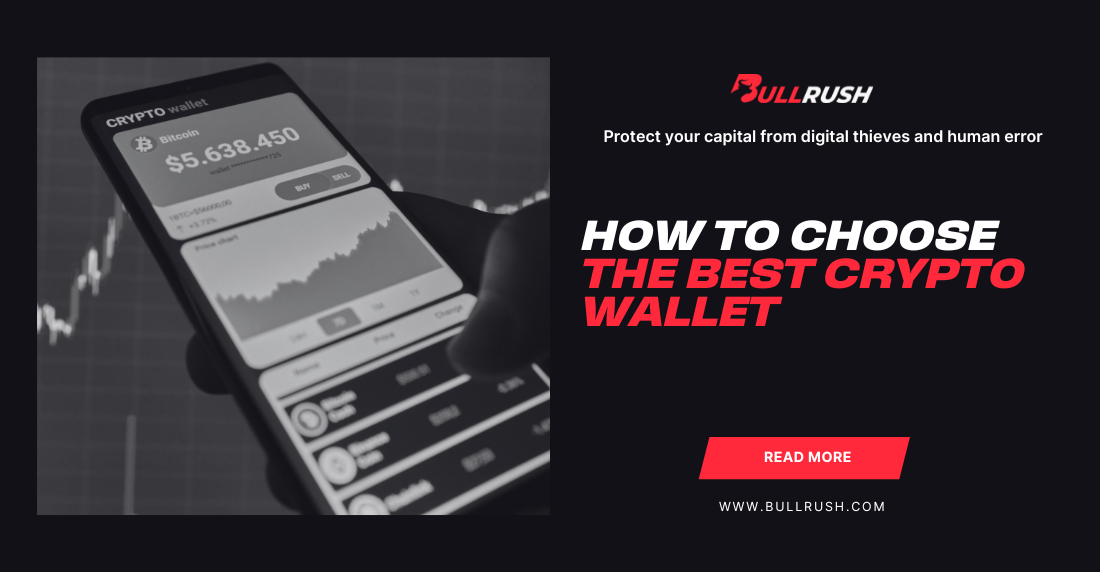 A hand holds a smartphone displaying a crypto wallet with a Bitcoin balance and graph. Text: "How to Choose the Best Crypto Wallet" and "Read More" button.