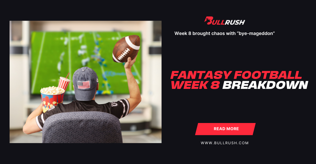 A person watches football on a large TV, holding popcorn and a football, conveying excitement. Text reads "Fantasy Football Week 8 Breakdown."