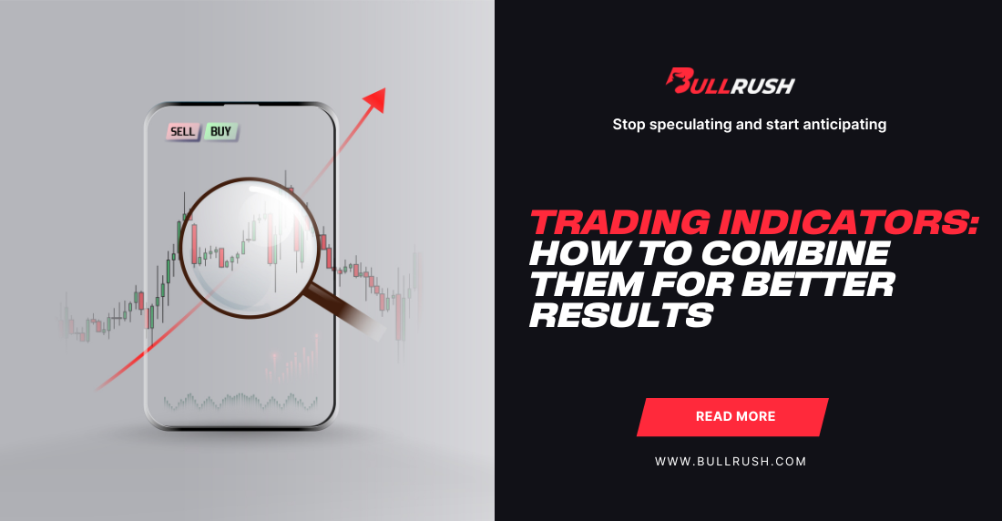 Image of a smartphone displaying a candlestick chart with a magnifying glass, highlighting stock market trends. On the right, text reads: 'Trading Indicators: How to Combine Them for Better Results' with a red 'Read More' button. The background is gray, conveying a professional and informative tone.