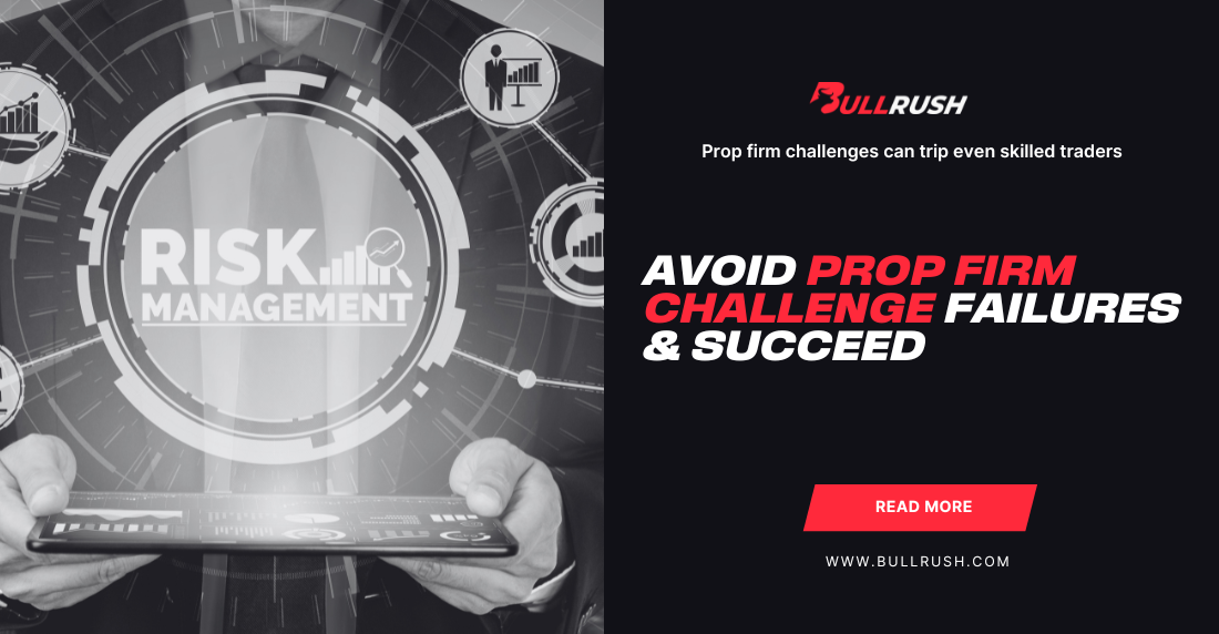 Monochrome image featuring the words "Risk Management" within a holographic display held by hands. Bold text reads "Avoid Prop Firm Challenge Failures & Succeed."
