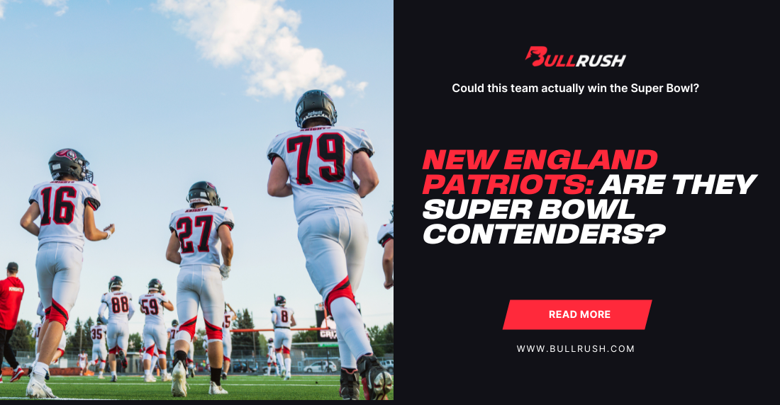 Football players in white jerseys and helmets walk on a field under a blue sky. Text reads: 'New England Patriots: Are they Super Bowl contenders?' alongside 'Could this team actually win the Super Bowl?' and 'Bullrush' logo and website link.