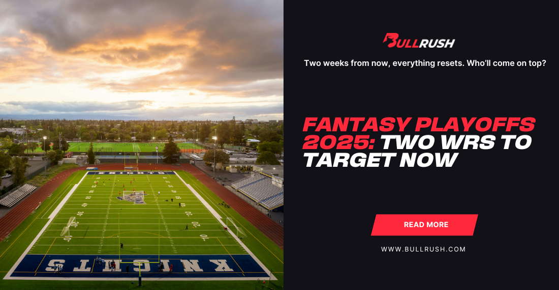 Sunset over a football field with "KNIGHTS" in end zones. Text reads "Fantasy Playoffs 2025: Two WRs to Target Now." Mood is anticipatory and strategic.