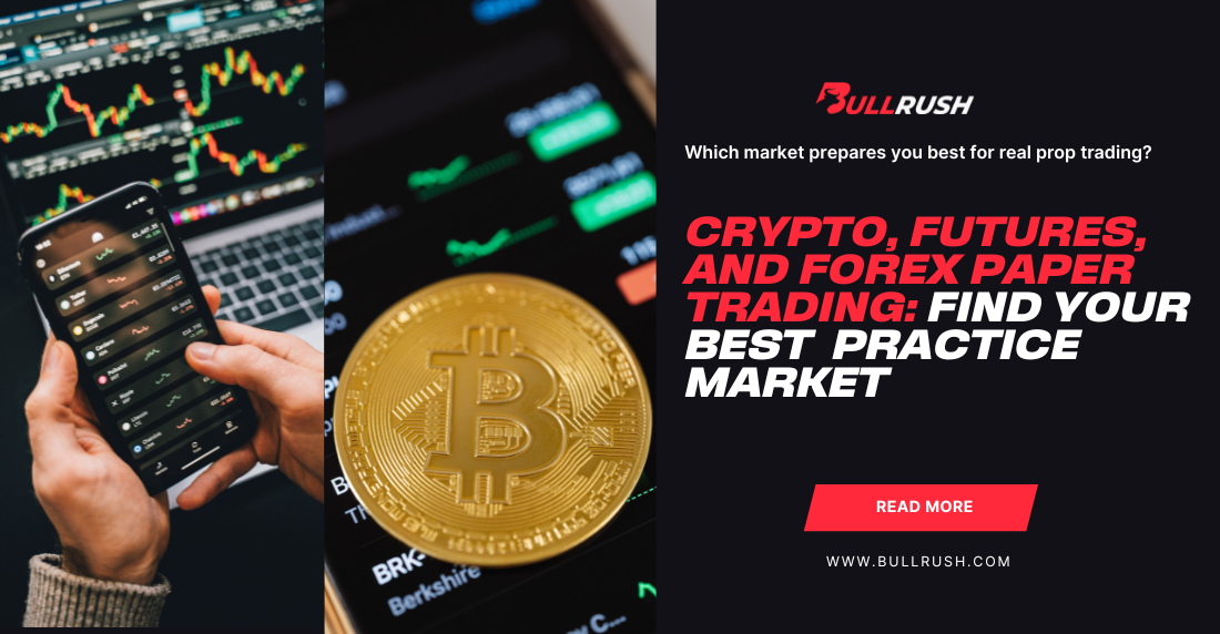A split-screen image: left shows hands holding a phone with trading apps, a Bitcoin coin, and screens with stock charts. Right features text about crypto futures, and forex paper trading in bold red and white.