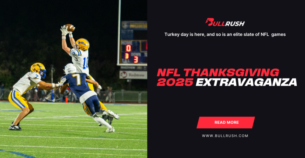 A football player in a blue and yellow uniform jumps to catch a pass during a night game. Text reads: "NFL Thanksgiving 2025 Extravaganza."