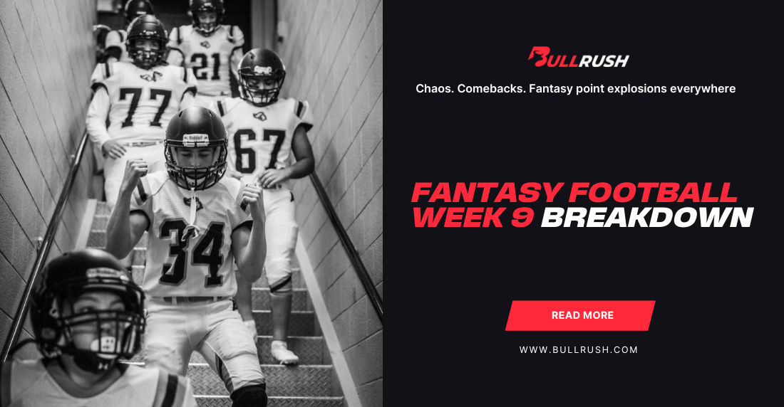 Black and white image of determined youth football players walking down a hallway. Text on the right reads: 'Fantasy Football Week 9 Breakdown. Chaos. Comebacks.' Bullrush logo above, with a red 'Read More' button below. Website link included.