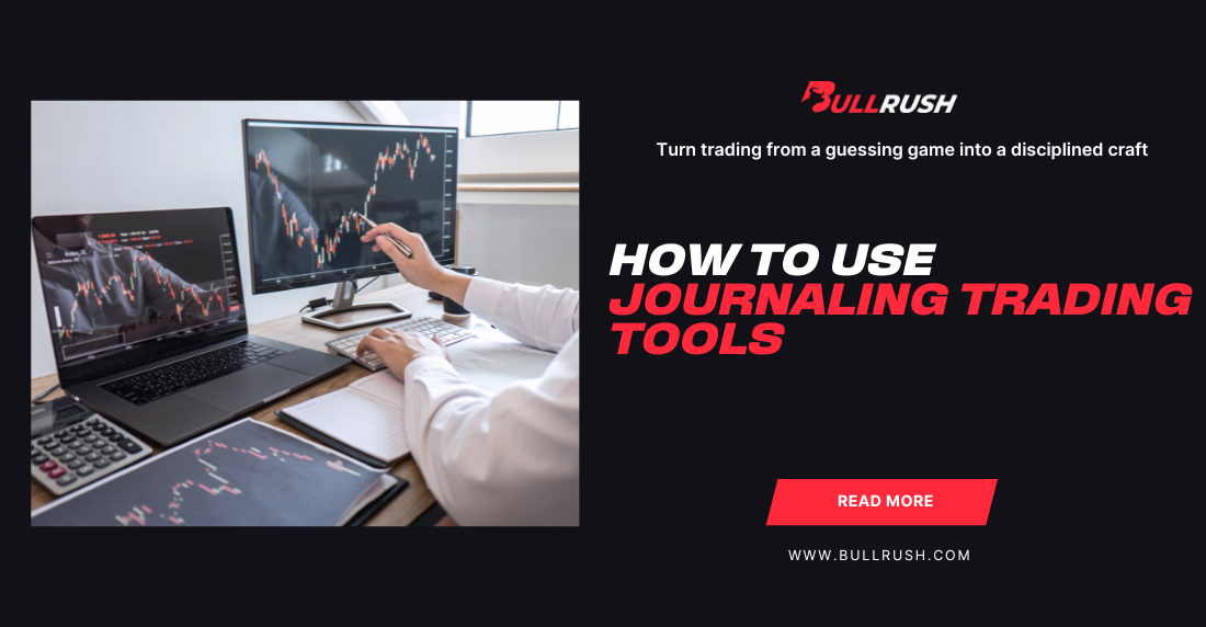 A person analyzes stock charts on multiple screens, with the text "How to Use Journaling Trading Tools" and a "Read More" button on a dark background.