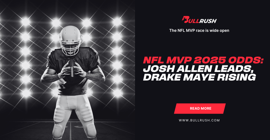 A football player in uniform holds a ball under bright stadium lights. Text highlights "NFL MVP 2025 Odds" with Josh Allen leading, on a dynamic black and red design.