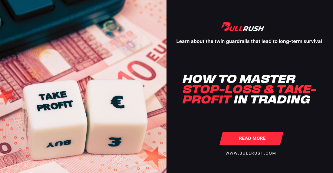 Image showing two dice on euro banknotes, one reading "Take Profit" and "Buy." Text on the right promotes mastering stop-loss and take-profit in trading.