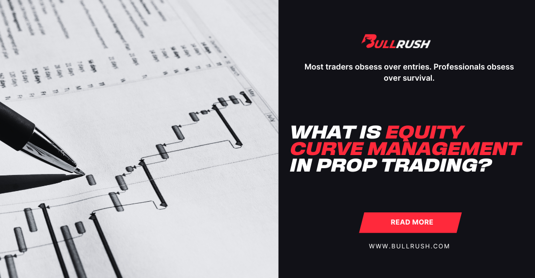 Graph and pen on left, illustrating financial analysis, with text on the right about equity curve management in prop trading, set in a professional tone.