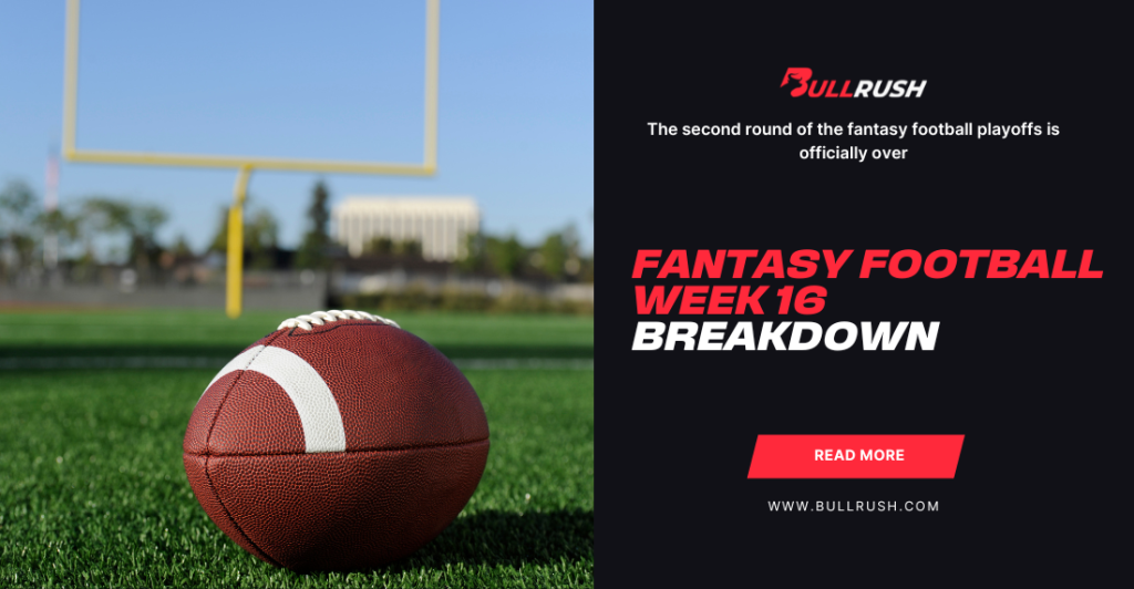 A football rests on a vibrant green field under clear skies, with a goalpost in the background. Text reads "Fantasy Football Week 16 Breakdown" and "Read More."