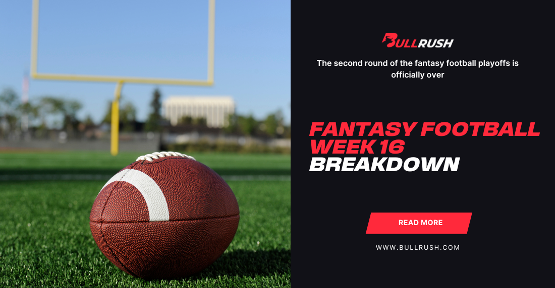 A football rests on a vibrant green field under clear skies, with a goalpost in the background. Text reads "Fantasy Football Week 16 Breakdown" and "Read More."