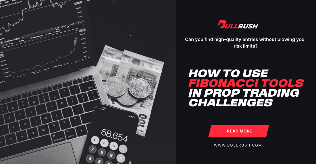 A grayscale image with a laptop displaying stock charts, currency notes, and coins. A calculator app shows 68,654. Text reads: 'How to use Fibonacci tools in prop trading challenges' with a call to action button 'Read More.' Emphasizes finance and trading strategy.