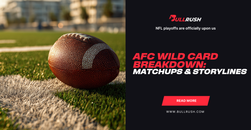 A football on a grass field under sunlight, with text: "AFC Wild Card Breakdown: Matchups & Storylines" and a "Read More" button on a dark background.