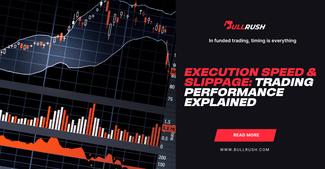 Chart showing stock data with fluctuating candlesticks and volume bars. Right text reads "Execution Speed & Slippage: Trading Performance Explained."