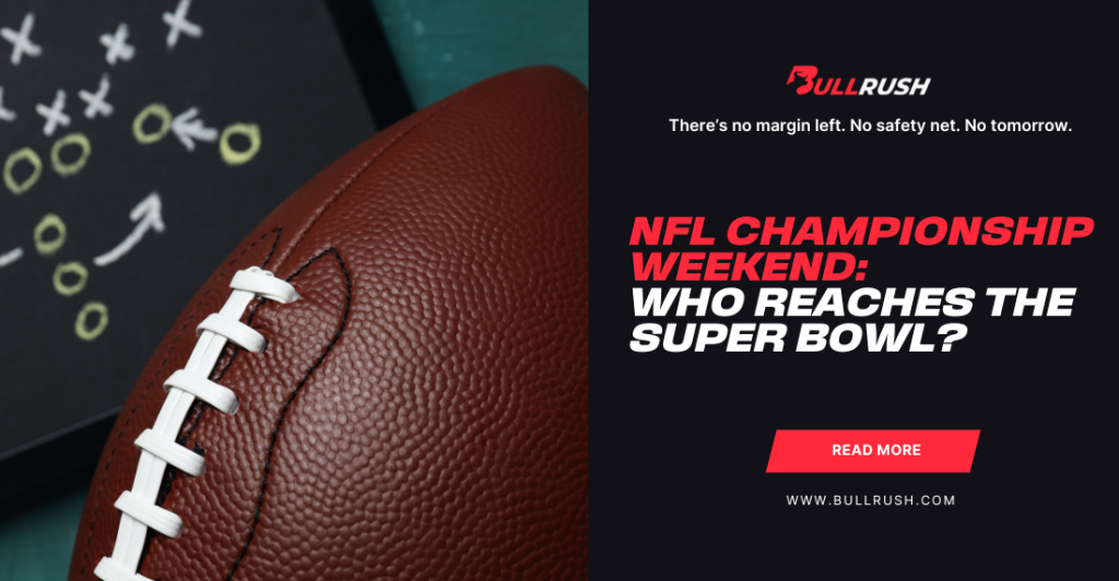 Close-up of a football on a chalkboard with play markings. Text reads "NFL Championship Weekend: Who Reaches the Super Bowl?" on a black background. The tone is exciting.