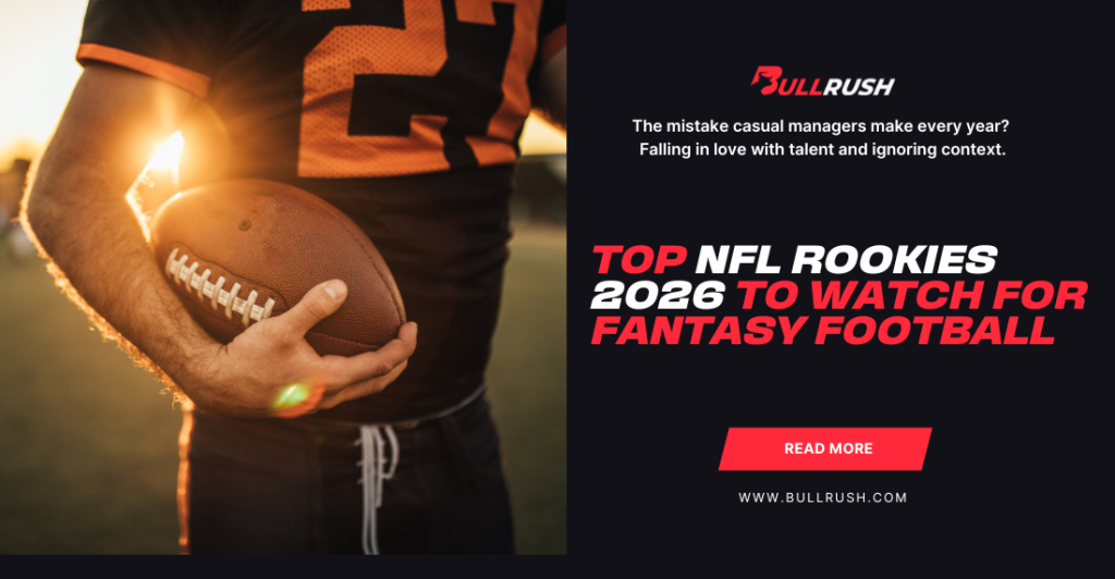 A football player in a jersey holds a ball on the left, lit by sunset. Bold text on the right reads: "Top NFL Rookies 2026 to Watch for Fantasy Football." The scene conveys anticipation and focus.